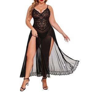 5612 Lingerie Plus Size Split Long Mesh Lingerie Dress Babydoll Chemise